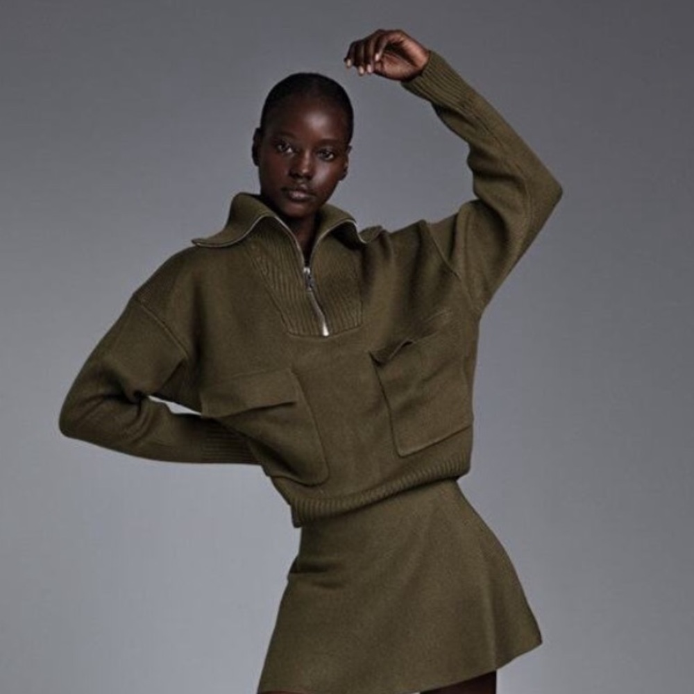 Zara High Neck Green Quarter Zip Sweater
